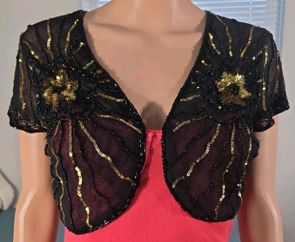 Womens Black Gold Beaded Sequin Bolero Shrug Floral Sheer Evening Statement